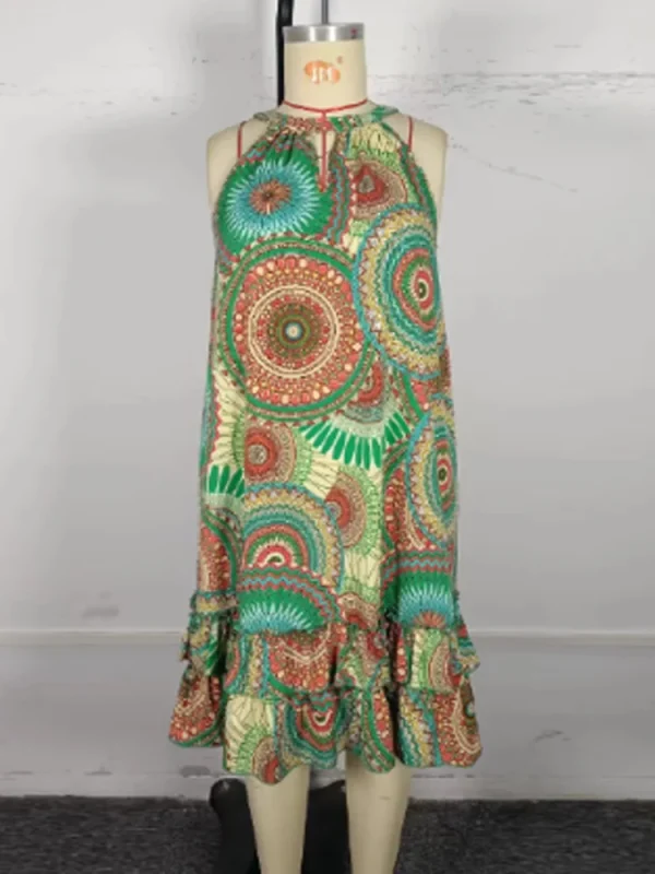 GIBSIE Plus Size Ethnic Print Bow Tie Halter Dress Women Holiday Boho Beach Summer Sleeveless Layered Ruffle Hem Short Dresses - Image 6