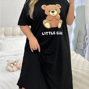 Women's Fashion Cute Bear And Letter Printed T-shirt Nightgown Sleepwear Home Daily Plus Size Skirt Casual Loose Clothing