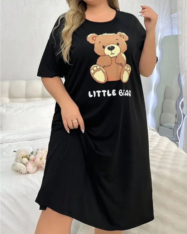 Women's Fashion Cute Bear And Letter Printed T-shirt Nightgown Sleepwear Home Daily Plus Size Skirt Casual Loose Clothing