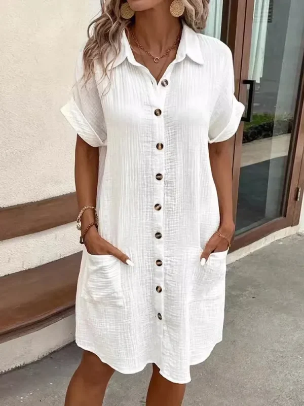 2025 Summer Women's New Fashionable Simple Sexy V-neck Button Single Breasted Short Sleeve With Pocket Dress Women's Wear - Image 2