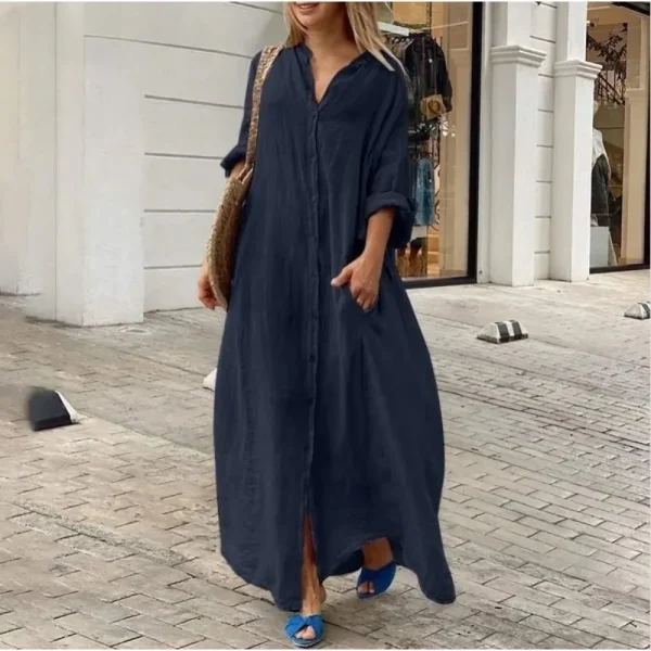 Women's L-5XL Plus Size Oversized Summer Casual Loose Pocket Flip Collar Long Dress Solid Color Casual Button Loose Oversized - Image 4