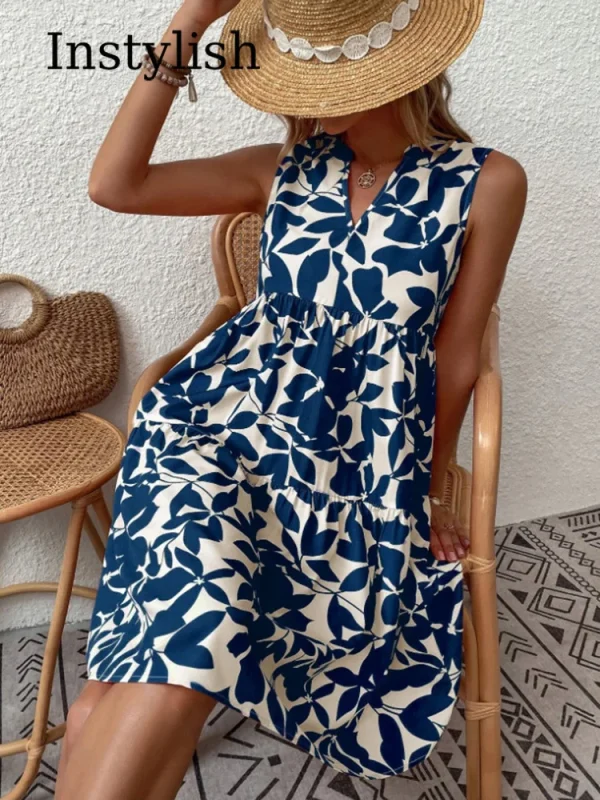 Women Boho Print Mini Dress Summer Elegant Sleeveless V Neck Ruffle A Line Tank Dress Casual Loose Oversize Beach Party Sundress - Image 5