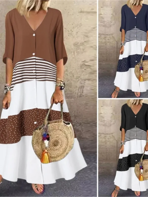 Women's Spring Summer New Style Sexy V-neck Fashion Printed Long One Shoulder Dress Casual Loose Five Sleeve Long Dress - Image 5