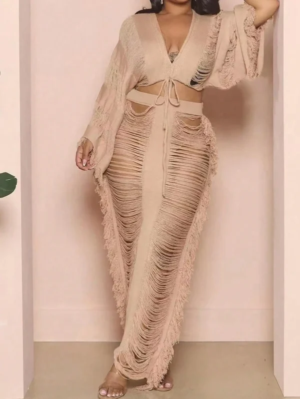 2025 Women's Fringed 2-piece Long-sleeved Top & Fringed Cutout Floor-length Dress Millennium Bohemian Suit Dress - Image 3