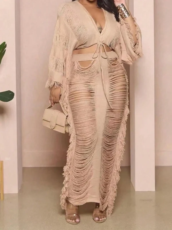 2025 Women's Fringed 2-piece Long-sleeved Top & Fringed Cutout Floor-length Dress Millennium Bohemian Suit Dress - Image 5