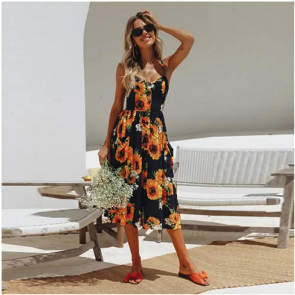 Boho Sexy Floral Dress Summer Vintage Casual Sundress Female Beach Dress Midi Button Backless Polka Dot Striped Women Dress 2025 - Image 6