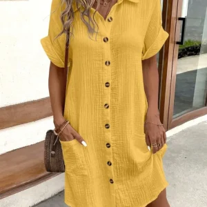 2025 Summer Women's New Fashionable Simple Sexy V-neck Button Single Breasted Short Sleeve With Pocket Dress Women's Wear