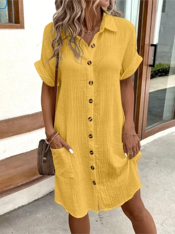 2025 Summer Women's New Fashionable Simple Sexy V-neck Button Single Breasted Short Sleeve With Pocket Dress Women's Wear