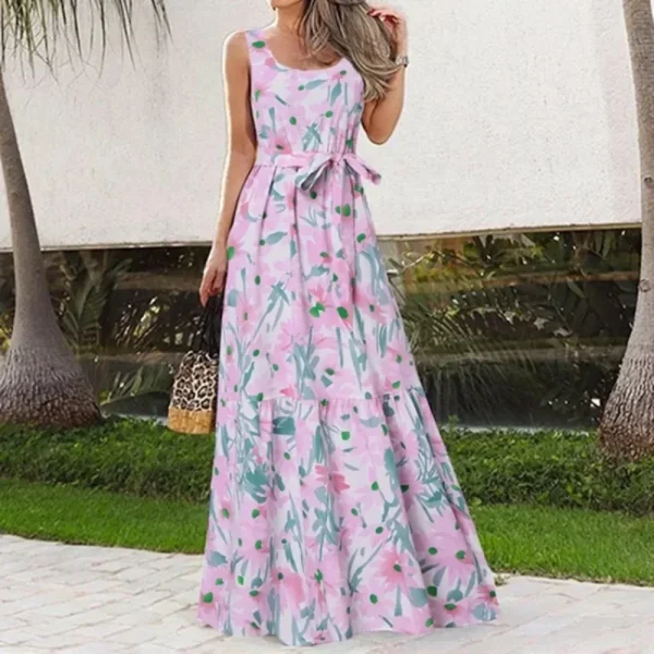 Spring/Summer Women's L-5XL Plus Size Elegant Square Neck Sleeveless Printed Long Dress Fashion Leisure Beach Vacation Belt Long - Image 2