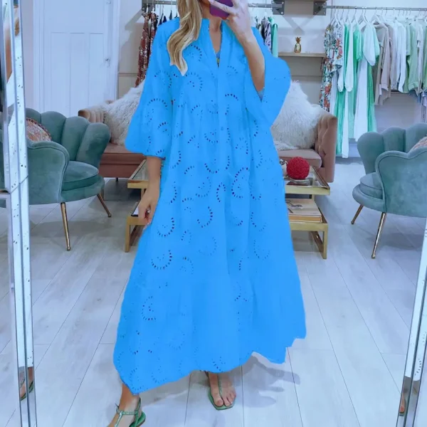 Dresses for Dresses Spring Summer Shirt Dress 2025 White dresses V-Neck Flared Sleeves Lace Hollow Solid Color Sexy Long Dresses - Image 2