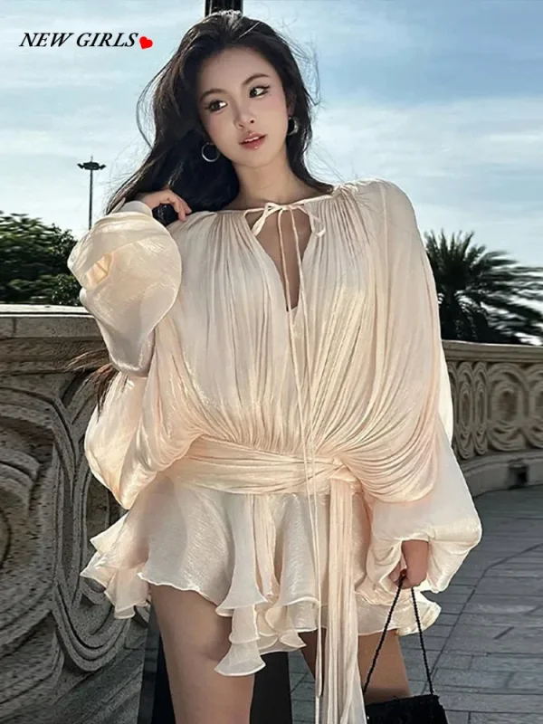 Luxury Elegant Mini Dress For Women V Collar Lace Up Blouse Dresses Long Sleeve Stacked Hem Vestido 2025 New Lady Women Clothing - Image 2