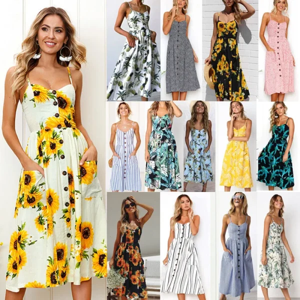 Boho Sexy Floral Dress Summer Vintage Casual Sundress Female Beach Dress Midi Button Backless Polka Dot Striped Women Dress 2025 - Image 2