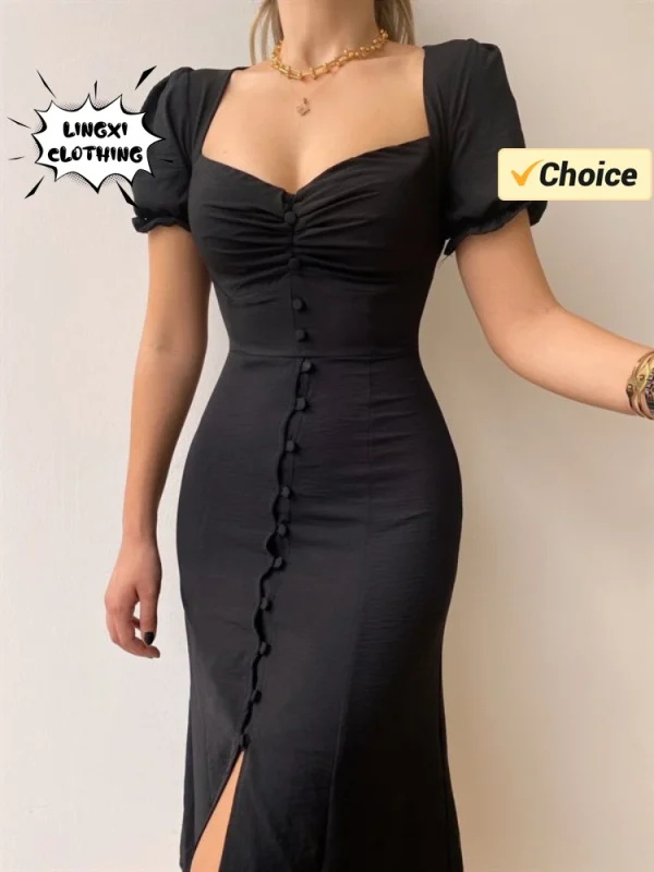 2025 Summer Fashion Summer Skirt Holiday Style Sexy Women's Dress V-neck Single Breasted Shrugged Mid Length Dress