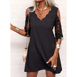 Women Lace Splicing Half Sleeve Long Dress Square Collar Solid Long Dress Summer Lace-up Hollow Jacquard Big Hem Pleats Dresses