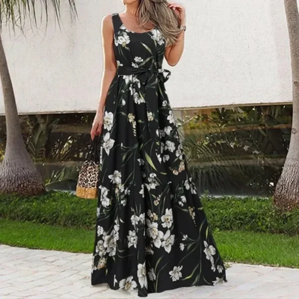 Spring/Summer Women's L-5XL Plus Size Elegant Square Neck Sleeveless Printed Long Dress Fashion Leisure Beach Vacation Belt Long - Image 4