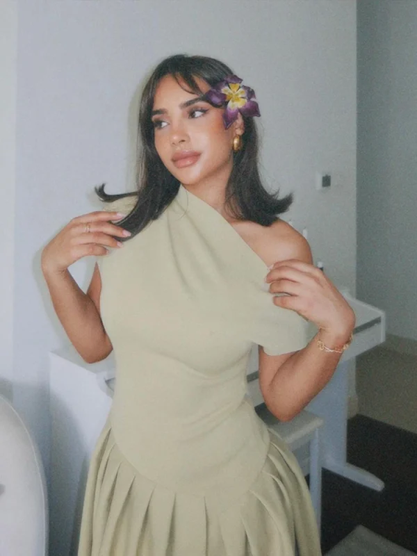 2025 Summer Women's Dress Sexy Inclined Shoulder Sexy Front Slit Ruched Vestido Longo Female Solid Slim Party Clubwear Dresses - Image 2