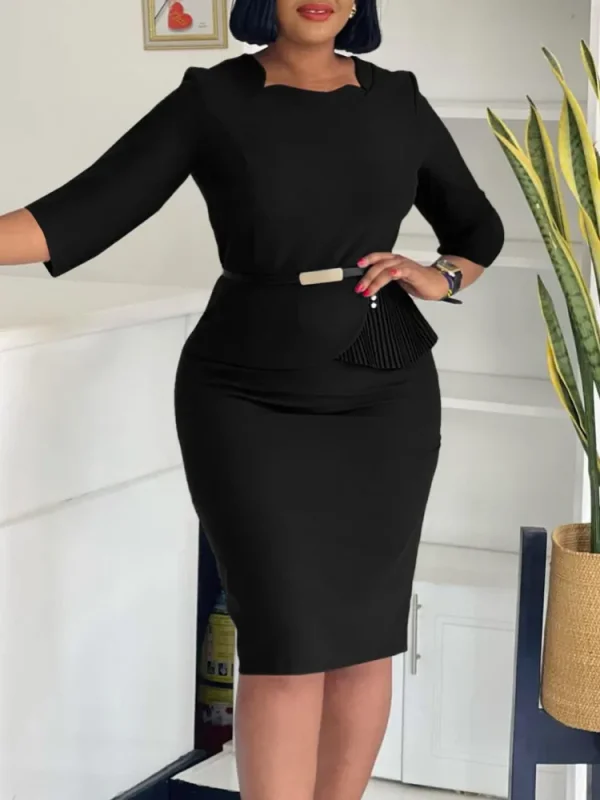 L-3XL Plus Size Elegant Midi Dress 2025 Spring Summer Women Office Lady Dress Casual 3/4 Sleeve Bandage Robe Oversize Dress - Image 2