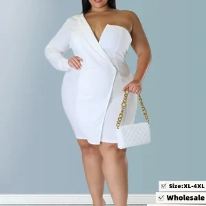 Wmstar Plus Size Dresses Women 2022 Single Long Sleeve V Neck Solid Sexy Mini Suit Dress Party Dresses Wholesale Dropshipping
