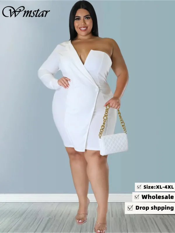 Wmstar Plus Size Dresses Women 2022 Single Long Sleeve V Neck Solid Sexy Mini Suit Dress Party Dresses Wholesale Dropshipping