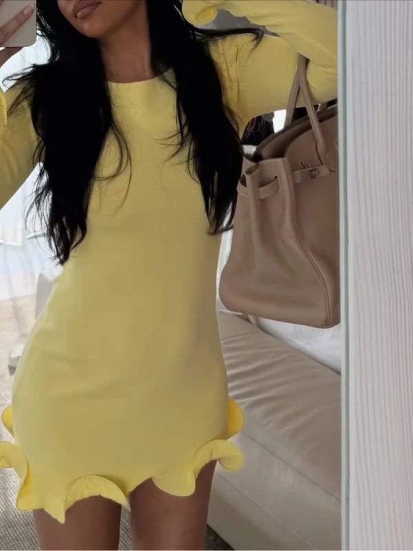 Lady Fashion Ruffles Hem Mini Dress Women Elegant O Neck Long Sleeve Slim Fit Gowns 2025 Summer Vacation Holiday Short Vestidos - Image 4