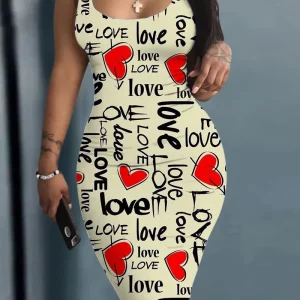 Платье Женское Plus Size Summer Women's Dress Large Size Contrast Heart Print U-Neck Sleeveless Casual Bodycon Mini Dresses