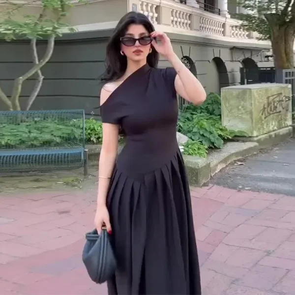 2025 Summer Women's Dress Sexy Inclined Shoulder Sexy Front Slit Ruched Vestido Longo Female Solid Slim Party Clubwear Dresses - Image 4
