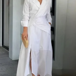 Womens Dresses 2023 Spring Fashion Ruched Slit Asymmetrical Casual Notched Collar Plain Long Sleeve Semi-Sheer Maxi Daily Dress