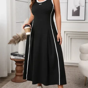 GIBSIE Plus Size Women Contrast O-Neck Sleeveless A-Line Dress 2025 New Summer Fashion Street Sundress Long Casual Maxi Dresses