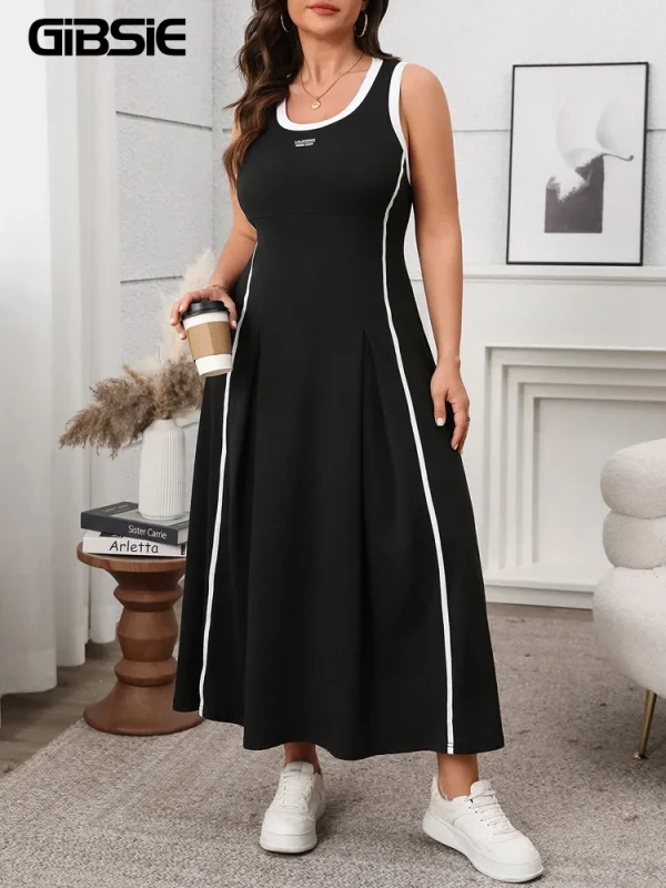 GIBSIE Plus Size Women Contrast O-Neck Sleeveless A-Line Dress 2025 New Summer Fashion Street Sundress Long Casual Maxi Dresses