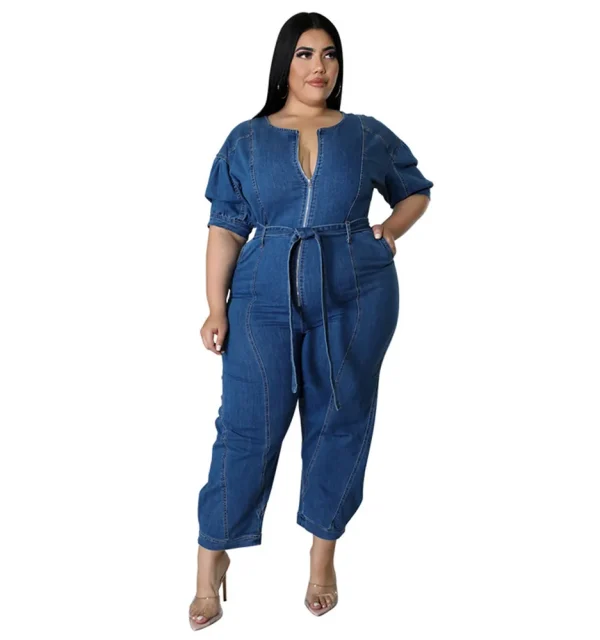 Wmstar Plus Size Jumpsuit Women Denim Zipper Up Sashes Pockets Trousers Stretch Straight Bodysuit 2022 Wholesale Dropshipping - Image 4