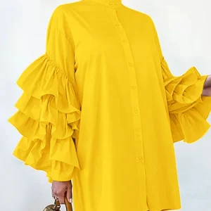 Plus Size VONDA Women Mini Dress 2025 Elegant Stand Collar Layer Ruffled Sundress Casual Solid Color Robe Long Sleeve Vestidos