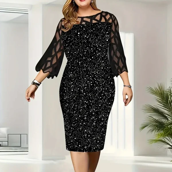 FairyShely 2025 Mesh Lace Sleeve Plus Size Bodycon Dress Women Slim Shiny Large Midi Dress Lady Office Curvy Sequins Party Dress