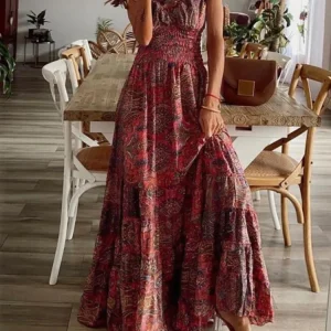 Women's Summer New Ethnic Style Printed Dress Short-sleeved Waist Dress Fashionable Floral Petal Sleeves Large Hem A-line Dress