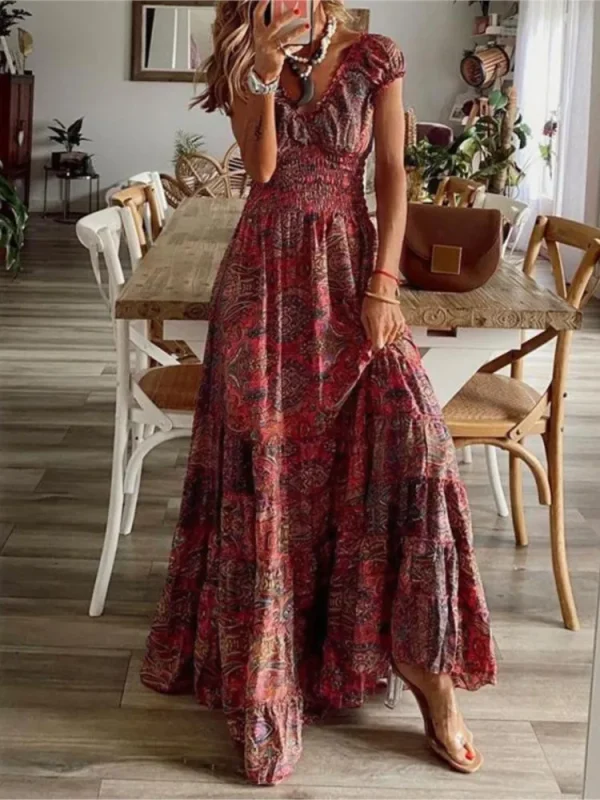Women's Summer New Ethnic Style Printed Dress Short-sleeved Waist Dress Fashionable Floral Petal Sleeves Large Hem A-line Dress