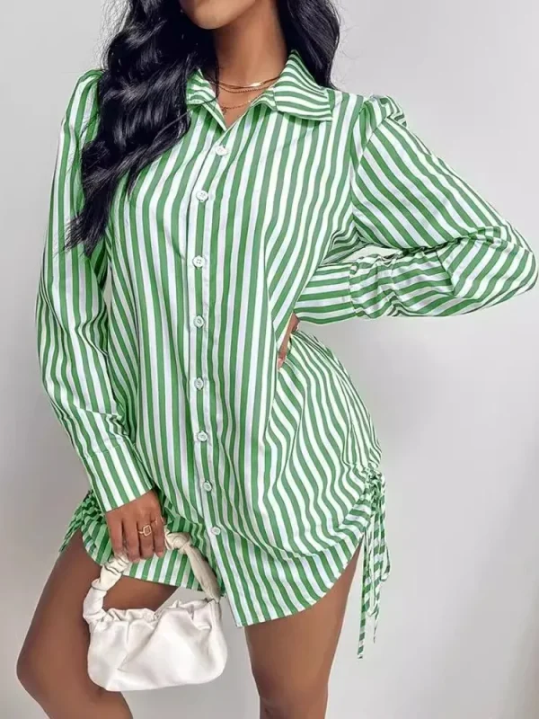 Women's Clothing 2025 Autumn New Fashion Striped Sexy Two Side Drawstring Lapel Button Up Shirt Short Dress For Women - Image 3