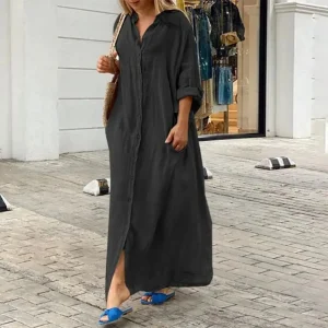 Women's L-5XL Plus Size Oversized Summer Casual Loose Pocket Flip Collar Long Dress Solid Color Casual Button Loose Oversized