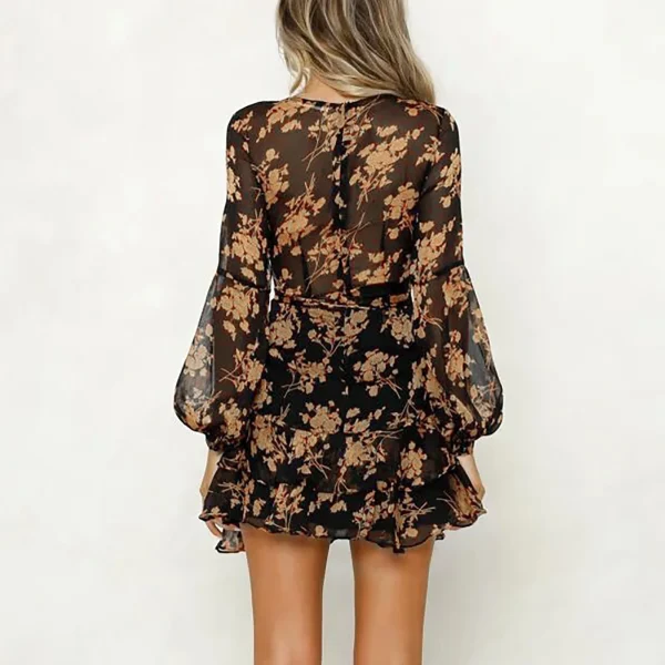 Dresses Woman Party Night Long Sleeves Bohemian Print Sheer Mesh Dress Low Cut V Neck Lace Up Hem Short Dresses летнее платье - Image 4