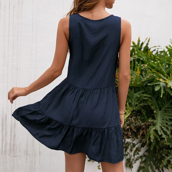 Women Summer Vacation Dress Solid Color V Neck Sleeveless Casual Loose Hook Flower Hollow Dress Holiday Beach Short Dresses - Image 4