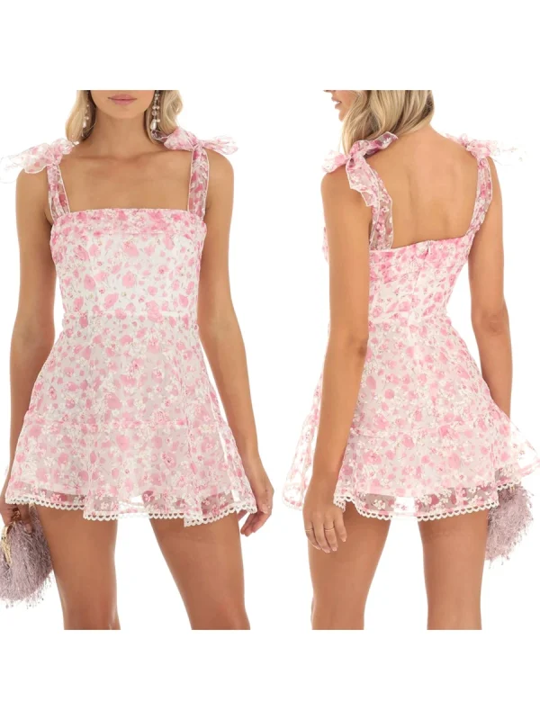 Women Summer Casual Dress Floral Print Tie-Up Shoulder Strap Mini Dress Fashion Double Layer Backless Cami Dress - Image 5