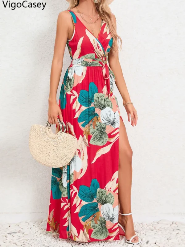 VigoCasey 2025 Summer Female Casual Long Bodycon Dress Women V Neck Strap Dress Lady Print Sleeveless Backless Tight Dresses - Image 3
