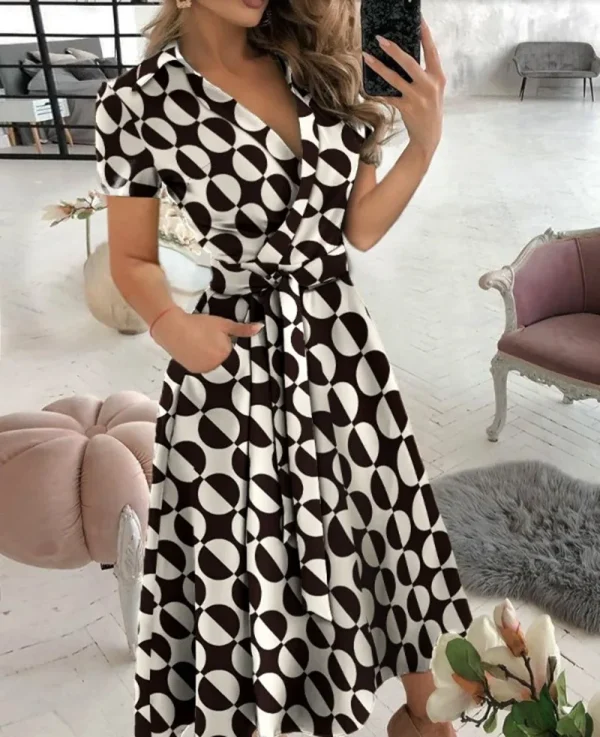 Women's New Short Sleeve Dress Spring Summer Fashion V-neck Printed Bag Hip Dress for Women Temperament Personality Wear - Image 2