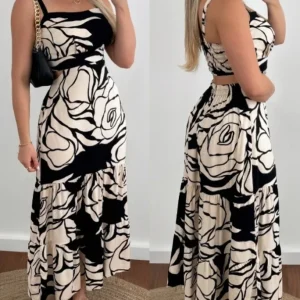 Dress printed square neck sleeveless backless hollow out flowing A-line long skirt
