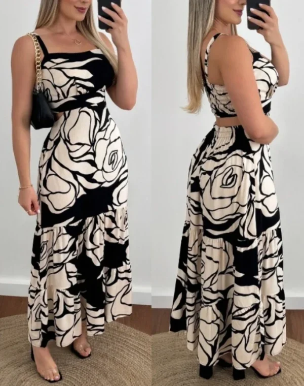 Dress printed square neck sleeveless backless hollow out flowing A-line long skirt