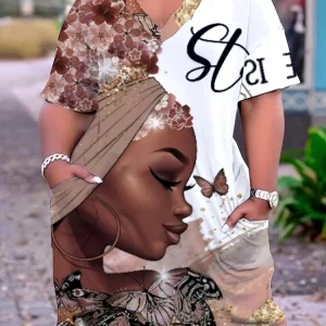 Plus Size Graphic and Letter Printed Dress,Casual Round Neck Short Sleeve Dress,Women's Plus Size Clothing
