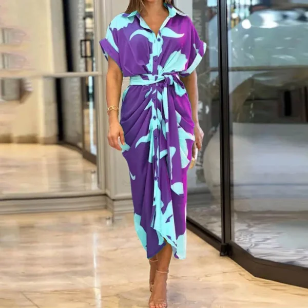 Women Dress Summer Autumn New Elegant Loose Printed Loose Lace-up Irregular Dress Women Half Sleeve V-neck High Waist Sexy Dress - Image 3