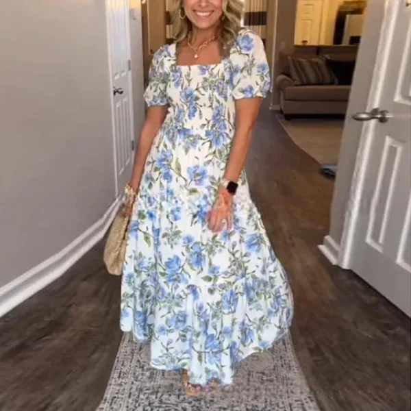 New Summer Print Puff Sleeve Long Dress Woman Beach Sweet Zipper Party Dresses Casual Square Collar Floral Bohemian Maxi Dresses - Image 2