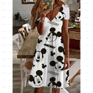 Disney Minnie Mickey Mouse Dress For Women Fashion Women Casual Floral Print Dresses Elegant V-Neck Loose A-Line Boho BeachDress