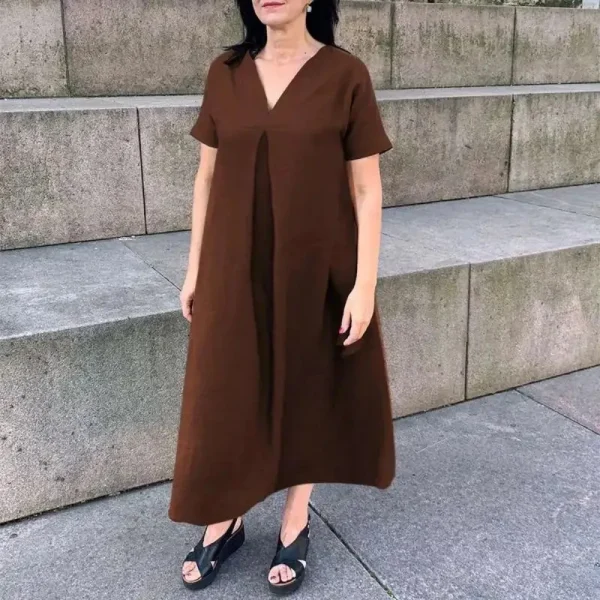 Women's L-5XL Plus Size Spring/Summer Large Size Loose Cotton and Hemp Short Sleeve Fashion Dress V-neck Solid Color Casual - Image 6