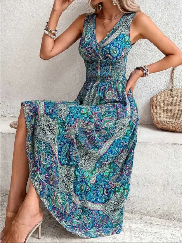 Fashion Sleeveless Maxi Boho Dress Women 2025 Summer Print Elastic Waist Bohemian Elegant Tank Long Dresses For Women Robe Femme - Image 2