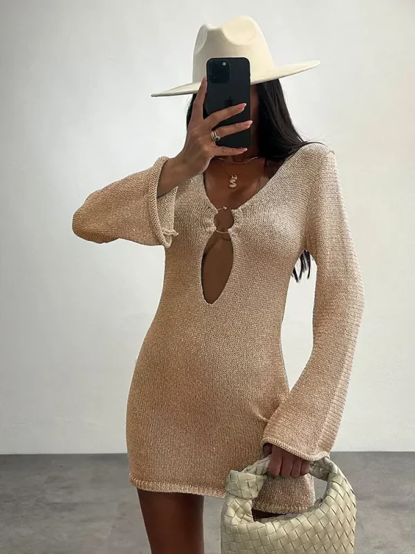 Sexy V Neck Flared Sleeve Slim Knitted Mini Dress 2025 Autumn / Winter Women's Elegant Long Sleeve Vacation Short Dresses A2917 - Image 3